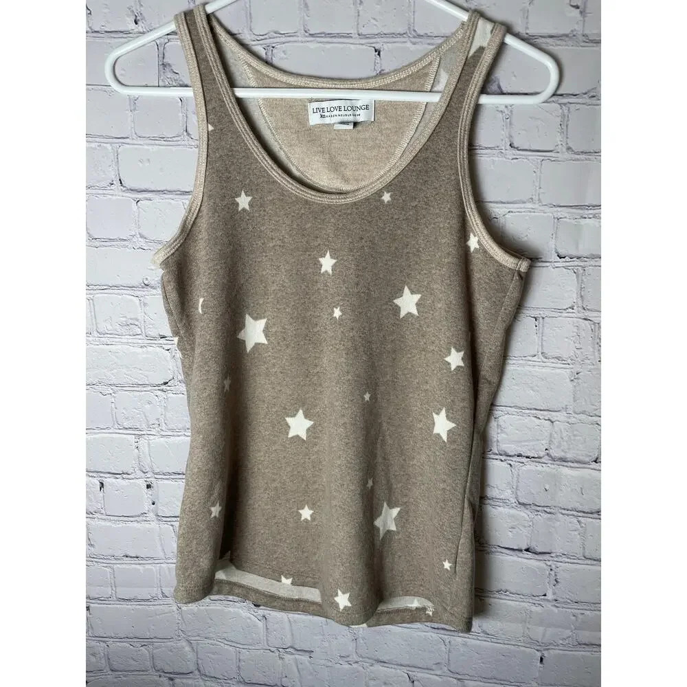 Live Love Lounge by Karen Neuburgero Tan Tank Top with White Stars Womens Size S